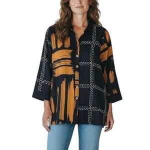 Ali Miles Printed Woven 3/4 Sleeve Button Shirt - M